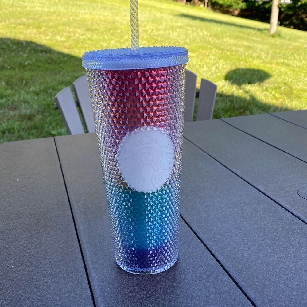 Starbucks limited edition rainbow tumbler 24 oz studded cup with‎ straw